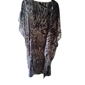 Ashro Womens Leopard Print 100% Polyester Kaftan Round Neck Maxi Dress Gray Sz 1